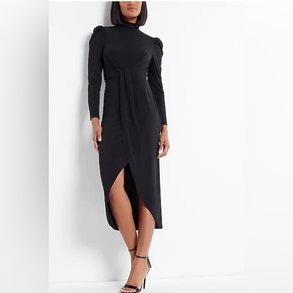Mock neck puff shoulder twist front midi dress